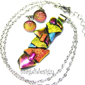 MAXI Szines  borzaska dichroic üvegékszer szett nyaklánc stiftes fülbevaló - ékszer - ékszerszett - Meska.hu