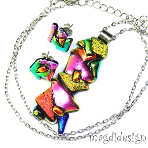 MAXI Szines  borzaska dichroic üvegékszer szett nyaklánc stiftes fülbevaló1 - Meska.hu