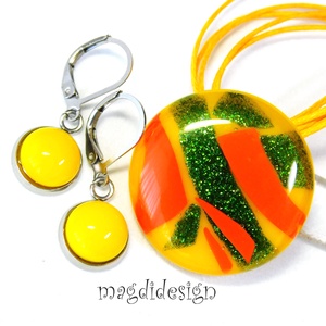  Sárga narancs zöld kontraszt üvegékszer szett nyaklánc kapcsos fülbevaló - Meska.hu