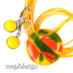  Sárga narancs zöld kontraszt üvegékszer szett nyaklánc kapcsos fülbevaló - ékszer - ékszerszett - Meska.hu