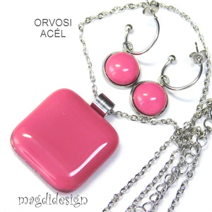 Mályvás-málna üvegékszer szett nyaklánc lógó fülbevaló - Meska.hu