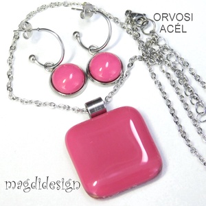 Mályvás-málna üvegékszer szett nyaklánc lógó fülbevaló - ékszer - ékszerszett - Meska.hu