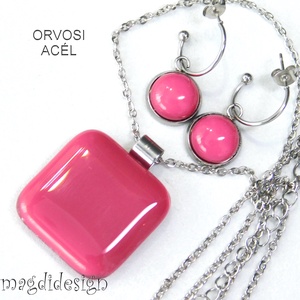Mályvás-málna üvegékszer szett nyaklánc lógó fülbevaló - ékszer - ékszerszett - Meska.hu