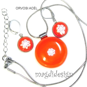 Millefiori narancs-fehér csipkés nyaklánc, kapcsos fülbevaló  üvegékszer szett - ékszer - ékszerszett - Meska.hu