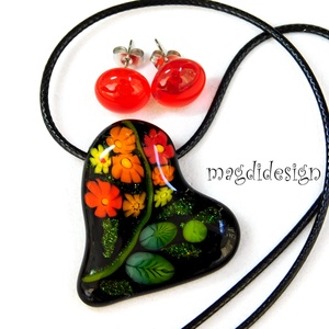 Fekete piros virágos szív üvegékszer szett, nyaklánc, pötty fülbevaló 1 - ékszer - ékszerszett - Meska.hu