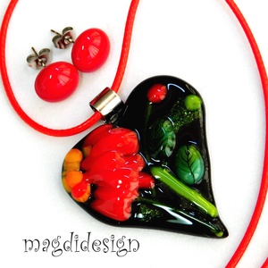 Fekete piros virágos szív üvegékszer szett, nyaklánc, pötty fülbevaló 2 - ékszer - ékszerszett - Meska.hu