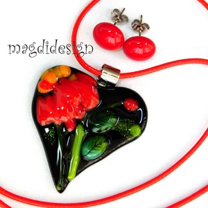 Fekete piros virágos szív üvegékszer szett, nyaklánc, pötty fülbevaló 2 - ékszer - ékszerszett - Meska.hu