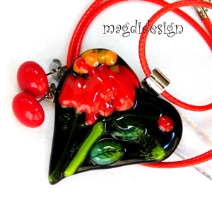 Fekete piros virágos szív üvegékszer szett, nyaklánc, pötty fülbevaló 2 - Meska.hu