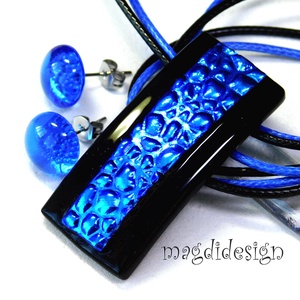 Kék kavicsok feketén dichroic üvegékszer szett pötty fülbevaló - Meska.hu