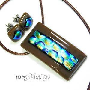 Arany-kék buborékok barnán dichroic üvegékszer szett pötty fülbevaló - ékszer - ékszerszett - Meska.hu