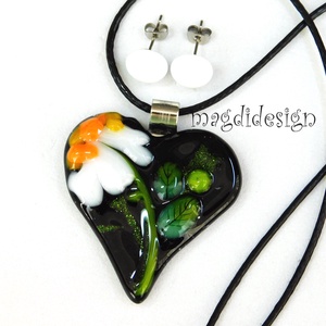 Fekete fehér virágos szív üvegékszer szett, nyaklánc, pötty fülbevaló  - ékszer - ékszerszett - Meska.hu