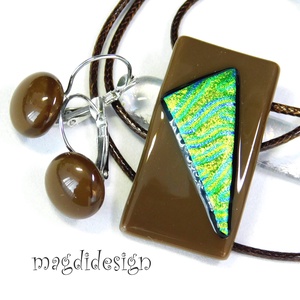 Arany-zöld áramlás barnán dichroic üvegékszer szett kapcsos fülbevaló - Meska.hu