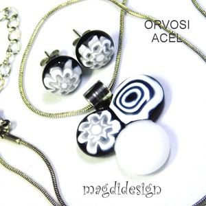 Fekete-fehér bogyós színtrió üvegékszer szett nyaklánc stiftes fülbevaló 1 - ékszer - ékszerszett - Meska.hu