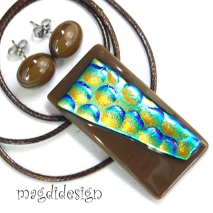 Arany-kék buborékok barnán dichroic üvegékszer szett pötty fülbevaló 1, Ékszer, Ékszerszett, Üvegművészet, Ékszerkészítés, MESKA