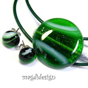 Csillámporos zölderdő üvegékszer szett nyaklánc, pötty fülbevaló, Ékszer, Ékszerszett, Ékszerkészítés, Üvegművészet, MESKA