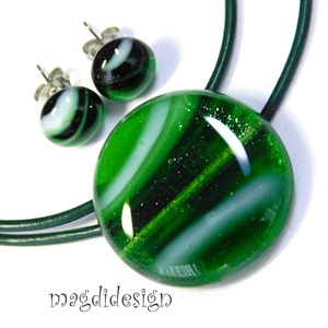 Csillámporos zölderdő üvegékszer szett nyaklánc, pötty fülbevaló - ékszer - ékszerszett - Meska.hu