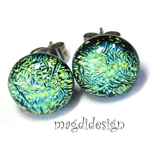 NEMESACÉL! Zöld-arany üvegékszer stiftes fülbevaló , Ékszer, Fülbevaló, Pötty fülbevaló, Ékszerkészítés, Üvegművészet, MESKA