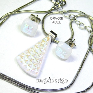 Fehér dichroic üvegékszer szett nyaklánc stiftes fülbevaló 2 - ékszer - ékszerszett - Meska.hu