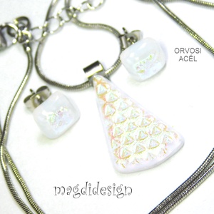 Fehér dichroic üvegékszer szett nyaklánc stiftes fülbevaló 2 - ékszer - ékszerszett - Meska.hu