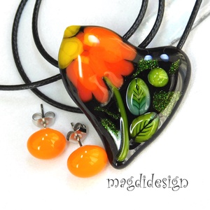 Fekete narancs virágos szív üvegékszer szett, nyaklánc, pötty fülbevaló  - ékszer - ékszerszett - Meska.hu