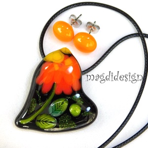 Fekete narancs virágos szív üvegékszer szett, nyaklánc, pötty fülbevaló  - ékszer - ékszerszett - Meska.hu