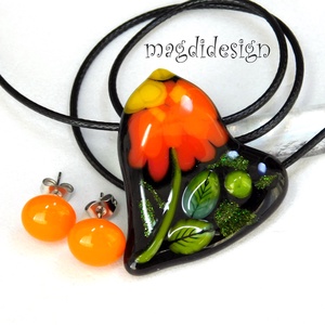 Fekete narancs virágos szív üvegékszer szett, nyaklánc, pötty fülbevaló  - Meska.hu