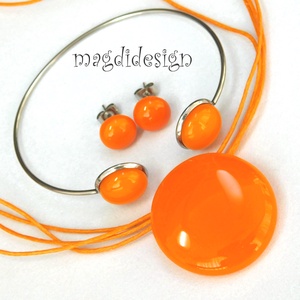Narancssárga minimál design üvegékszer szett, nyaklánc, stiftes fülbevaló karkötő - ékszer - ékszerszett - Meska.hu