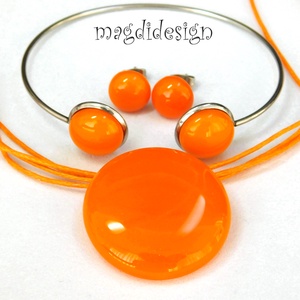 Narancssárga minimál design üvegékszer szett, nyaklánc, stiftes fülbevaló karkötő - Meska.hu