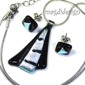  Fekete ezüst csíkos dichroic üvegékszer szett nyaklánc stiftes fülbevaló  - Meska.hu