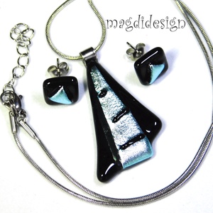  Fekete ezüst csíkos dichroic üvegékszer szett nyaklánc stiftes fülbevaló  - ékszer - ékszerszett - Meska.hu