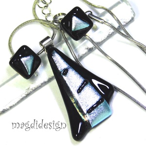  Fekete ezüst csíkos dichroic üvegékszer szett nyaklánc stiftes fülbevaló  - ékszer - ékszerszett - Meska.hu