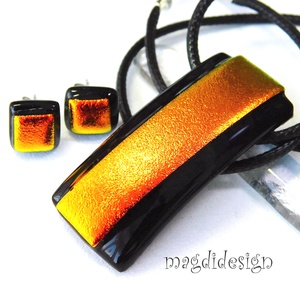 Tüzes narancs feketén dichroic üvegékszer szett stiftes fülbevaló - Meska.hu