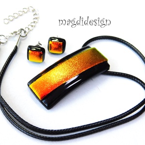 Tüzes narancs feketén dichroic üvegékszer szett stiftes fülbevaló - ékszer - ékszerszett - Meska.hu