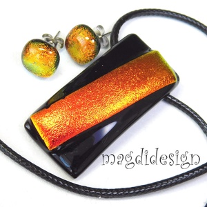 Tüzes narancs feketén dichroic üvegékszer szett stiftes fülbevaló 1 - ékszer - ékszerszett - Meska.hu