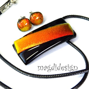 Tüzes narancs feketén dichroic üvegékszer szett stiftes fülbevaló 1 - ékszer - ékszerszett - Meska.hu