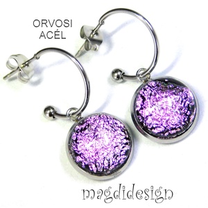 Szikázó rózsaszín üvegékszer stiftes lógós nemesacél fülbevaló - Meska.hu