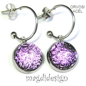 Szikázó rózsaszín üvegékszer stiftes lógós nemesacél fülbevaló - ékszer - fülbevaló - pötty fülbevaló - Meska.hu