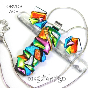 MAXI Szines  borzaska dichroic üvegékszer szett nyaklánc stiftes fülbevaló - ékszer - ékszerszett - Meska.hu