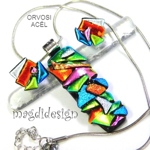 MAXI Szines  borzaska dichroic üvegékszer szett nyaklánc stiftes fülbevaló - ékszer - ékszerszett - Meska.hu