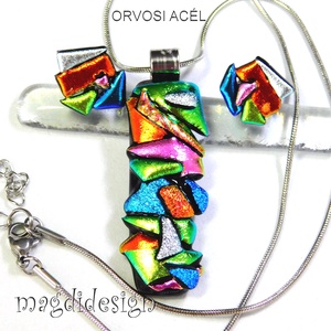 MAXI Szines  borzaska dichroic üvegékszer szett nyaklánc stiftes fülbevaló - ékszer - ékszerszett - Meska.hu