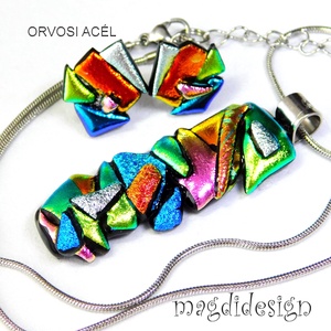 MAXI Szines  borzaska dichroic üvegékszer szett nyaklánc stiftes fülbevaló 1 - ékszer - ékszerszett - Meska.hu