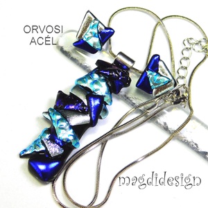 MAXI Ezüst-kék  borzaska dichroic üvegékszer szett nyaklánc stiftes fülbevaló1 - ékszer - ékszerszett - Meska.hu