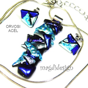 MAXI Ezüst-kék  borzaska dichroic üvegékszer szett nyaklánc stiftes fülbevaló1, Ékszer, Ékszerszett, Ékszerkészítés, Üvegművészet, MESKA
