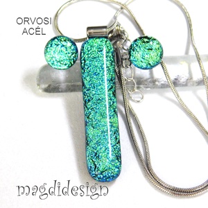 Exkluzív szikrázó zöld dichroic üvegékszer szett nyaklánc stiftes fülbevaló - ékszer - ékszerszett - Meska.hu