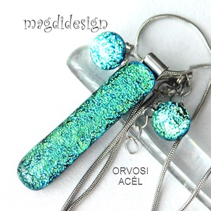 Exkluzív szikrázó zöld dichroic üvegékszer szett nyaklánc stiftes fülbevaló - ékszer - ékszerszett - Meska.hu