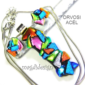 MAXI Szines  borzaska dichroic üvegékszer szett nyaklánc stiftes fülbevaló 1 - Meska.hu