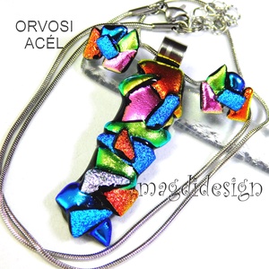 MAXI Szines  borzaska dichroic üvegékszer szett nyaklánc stiftes fülbevaló 1 - ékszer - ékszerszett - Meska.hu