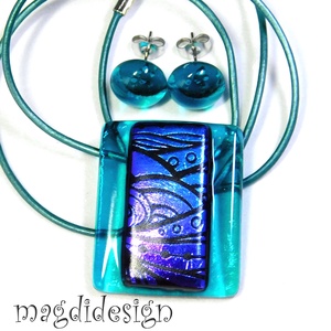 Lila mintás dichroic türkizen üvegékszer szett stiftes fülbevaló - ékszer - ékszerszett - Meska.hu