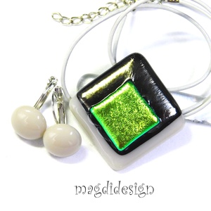 Arany-homok absztrakt üvegékszer szett nyaklánc, maxi kapcsos fülbevaló - ékszer - ékszerszett - Meska.hu