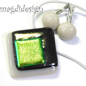 Arany-homok absztrakt üvegékszer szett nyaklánc, maxi kapcsos fülbevaló - ékszer - ékszerszett - Meska.hu